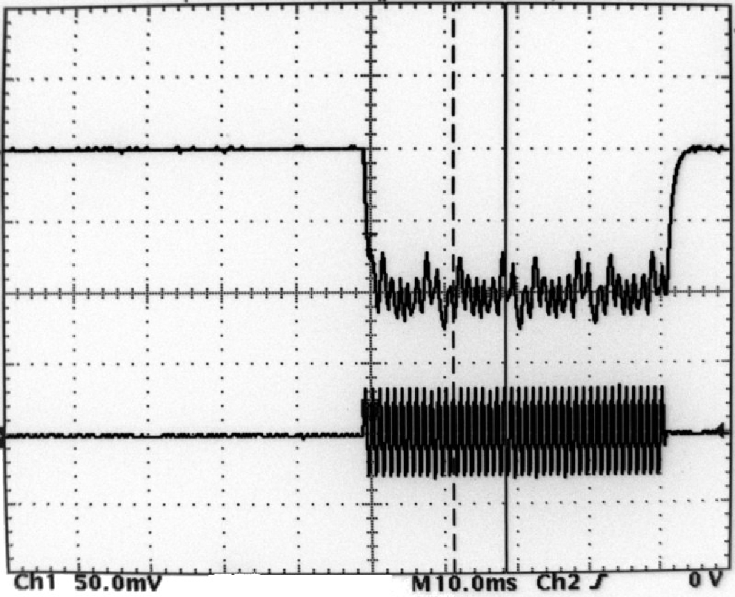 Oscilloscope screen displaying an upper trace that shows the light
            output of the projector and a lower trace that shows the analog center channel output of the Media Block after D/A
            conversion from the AES-EBU signal